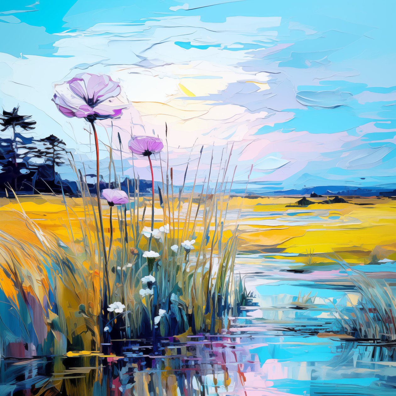 Flores azuis, Flores azuis abstractas em paisagem ao nascer do sol Pintura, impressões de arte em tela de F. Abderrahim