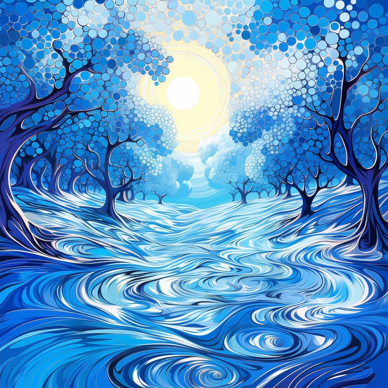 Pintura de árvore surreal azul, Decoração moderna de parede, Impressões de arte de parede de floresta de F. Abderrahim