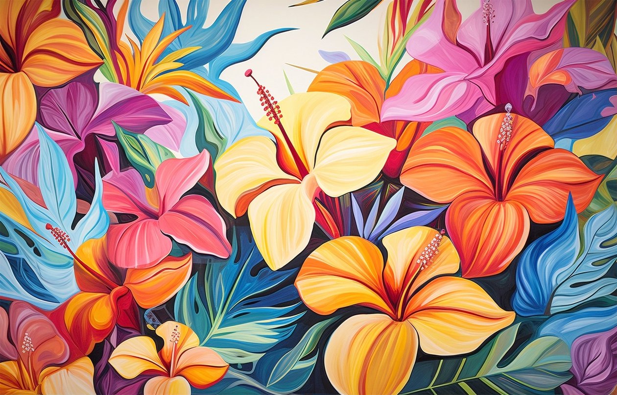 Bouquet de flores de hibisco de cores vivas, pintura floral, impressões artísticas de F. Abderrahim