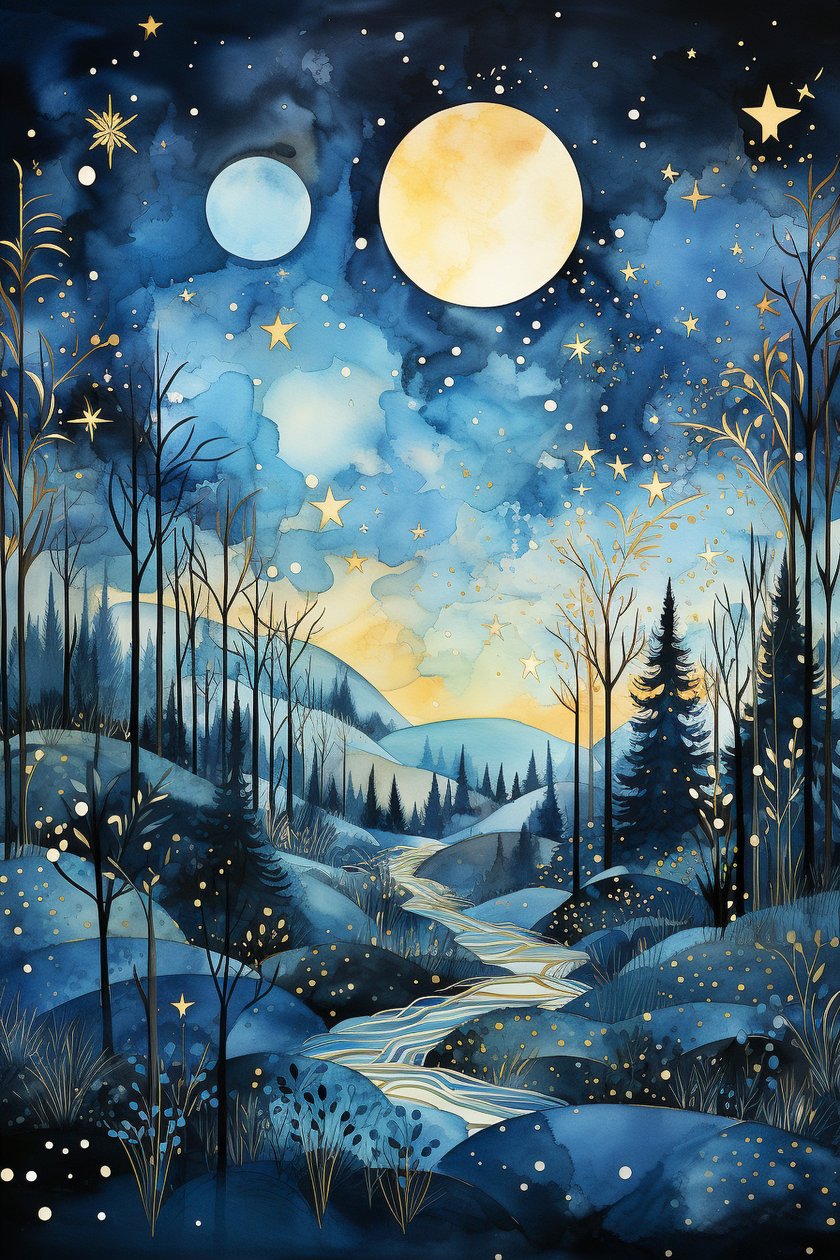 Sussurros celestiais: Pintura abstrata a aguarela do céu noturno azul de F. Abderrahim