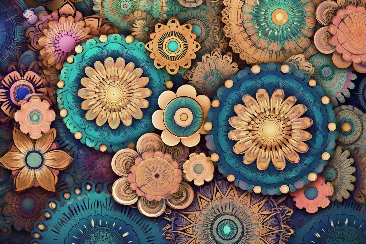 Flor mandala colorida, um jardim de beleza vibrante, impressões de arte de parede de F. Abderrahim