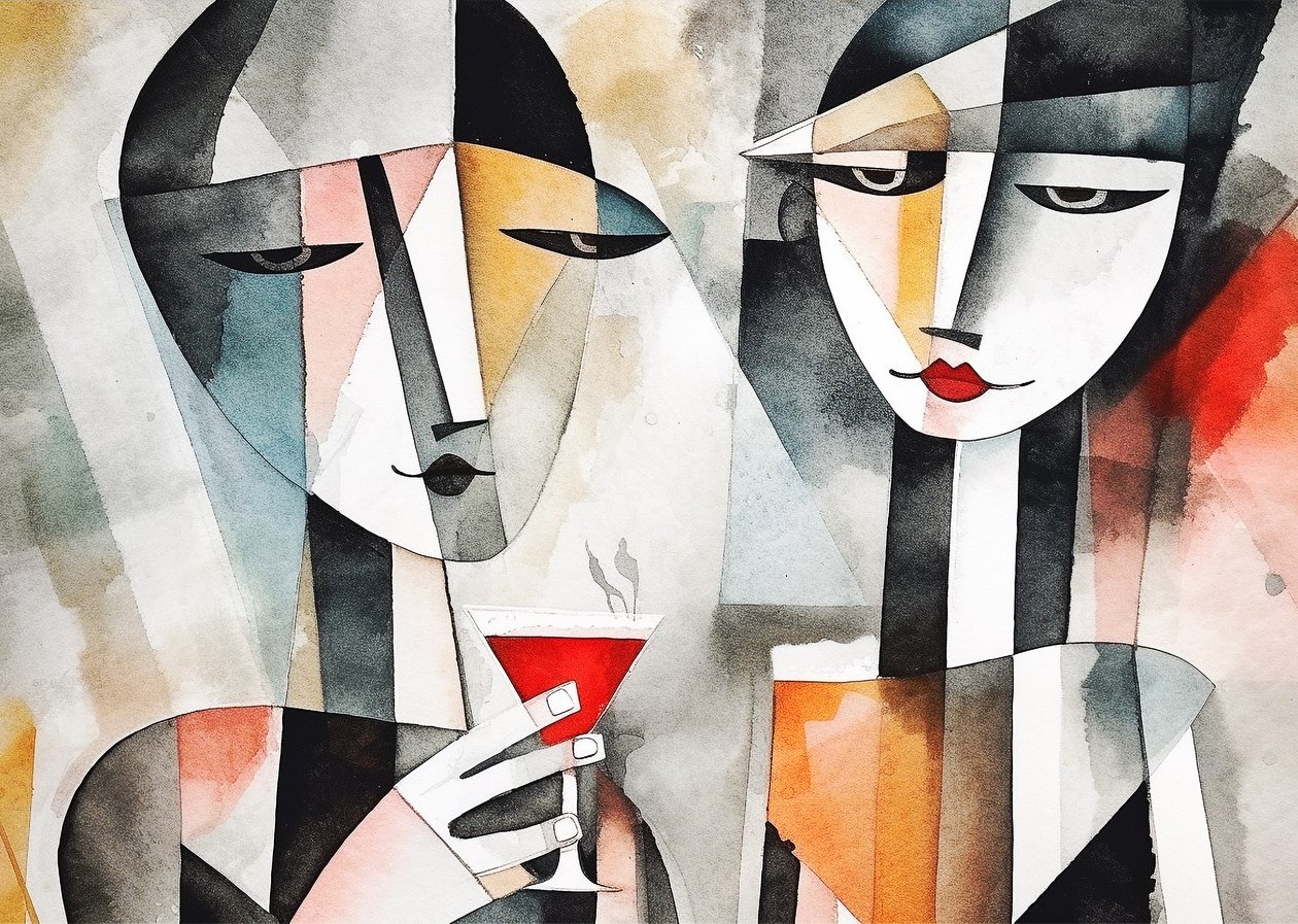 Casal bebe vinho num restaurante, Tela e impressão de arte mural de F. Abderrahim