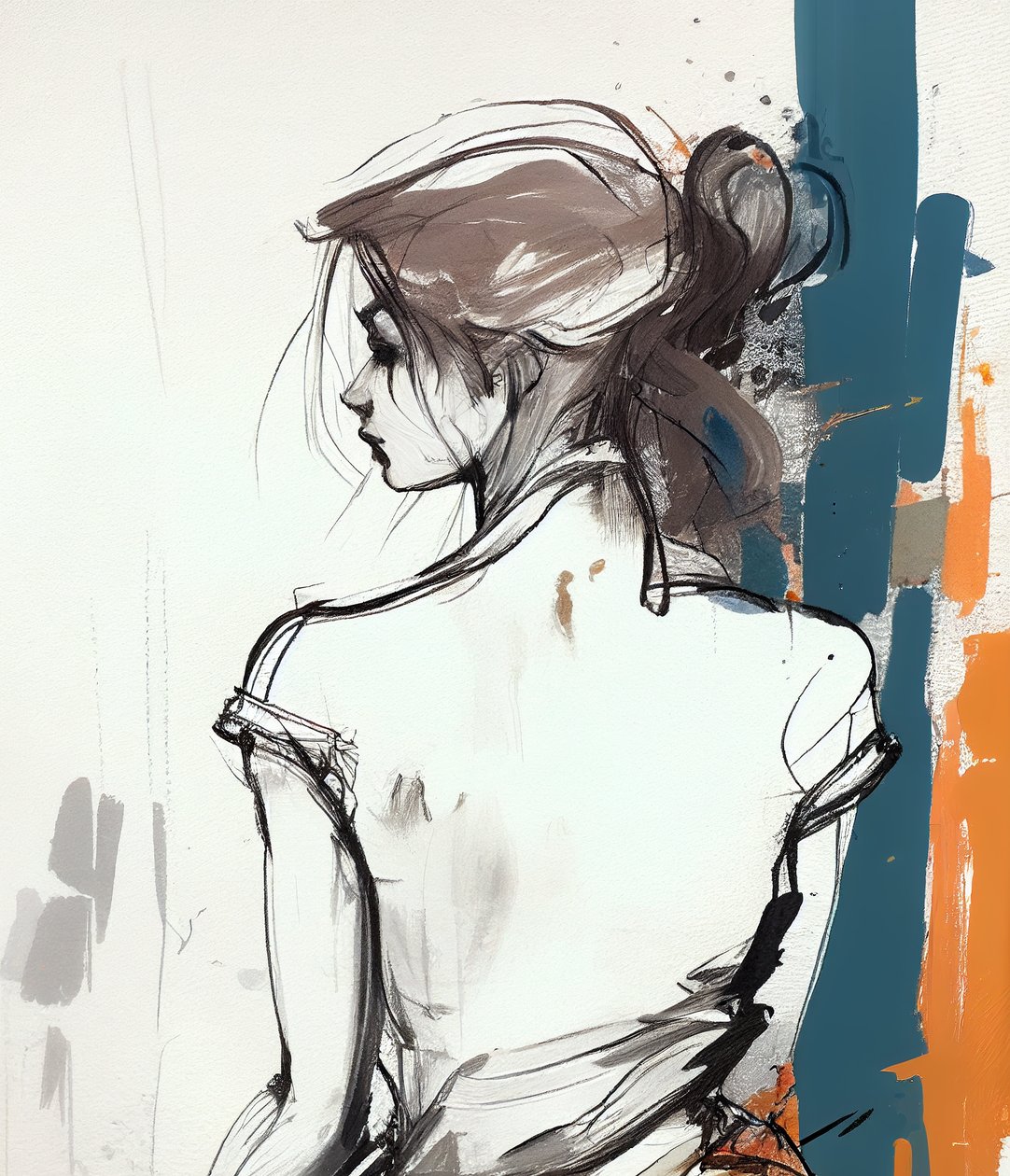 Desenho de uma rapariga por trás, desenho com linhas minimalistas, impressões de arte mural de F. Abderrahim