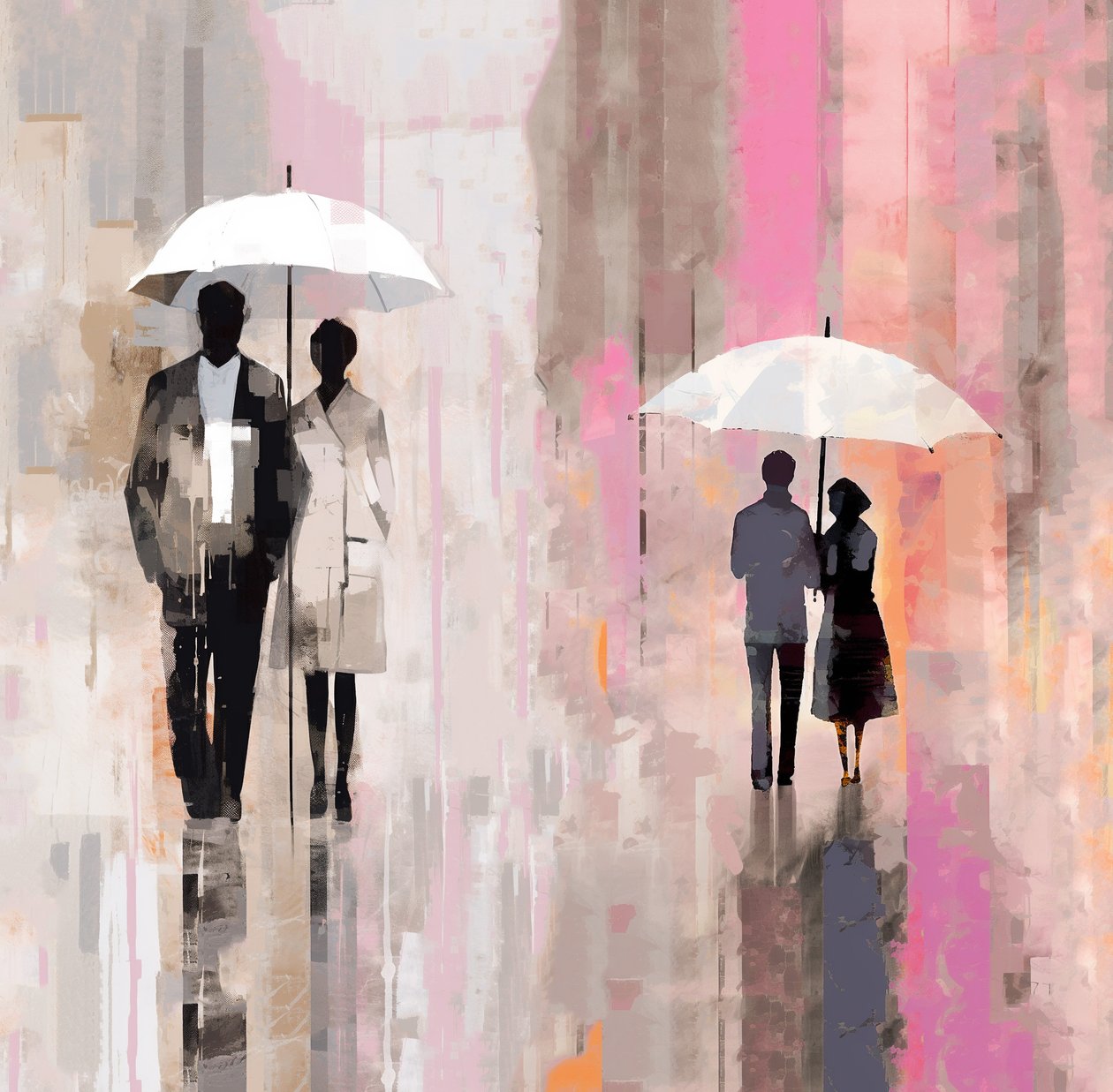 Casal étnico sob um guarda-chuva, pintura a óleo abstrata à chuva, parede Impressão de arte de F. Abderrahim