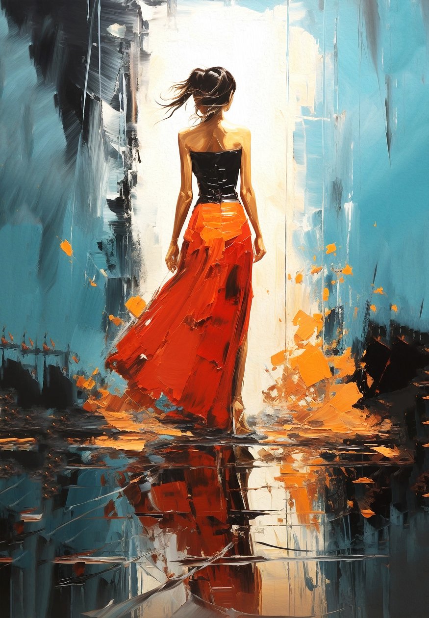 Mulher da moda numa paisagem abstrata em cores vivas, impressões de arte de parede de F. Abderrahim