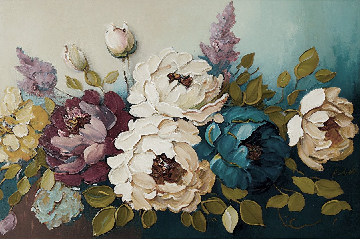 Bouquet floral de flores de peónias, impressões horizontais em tela de F. Abderrahim