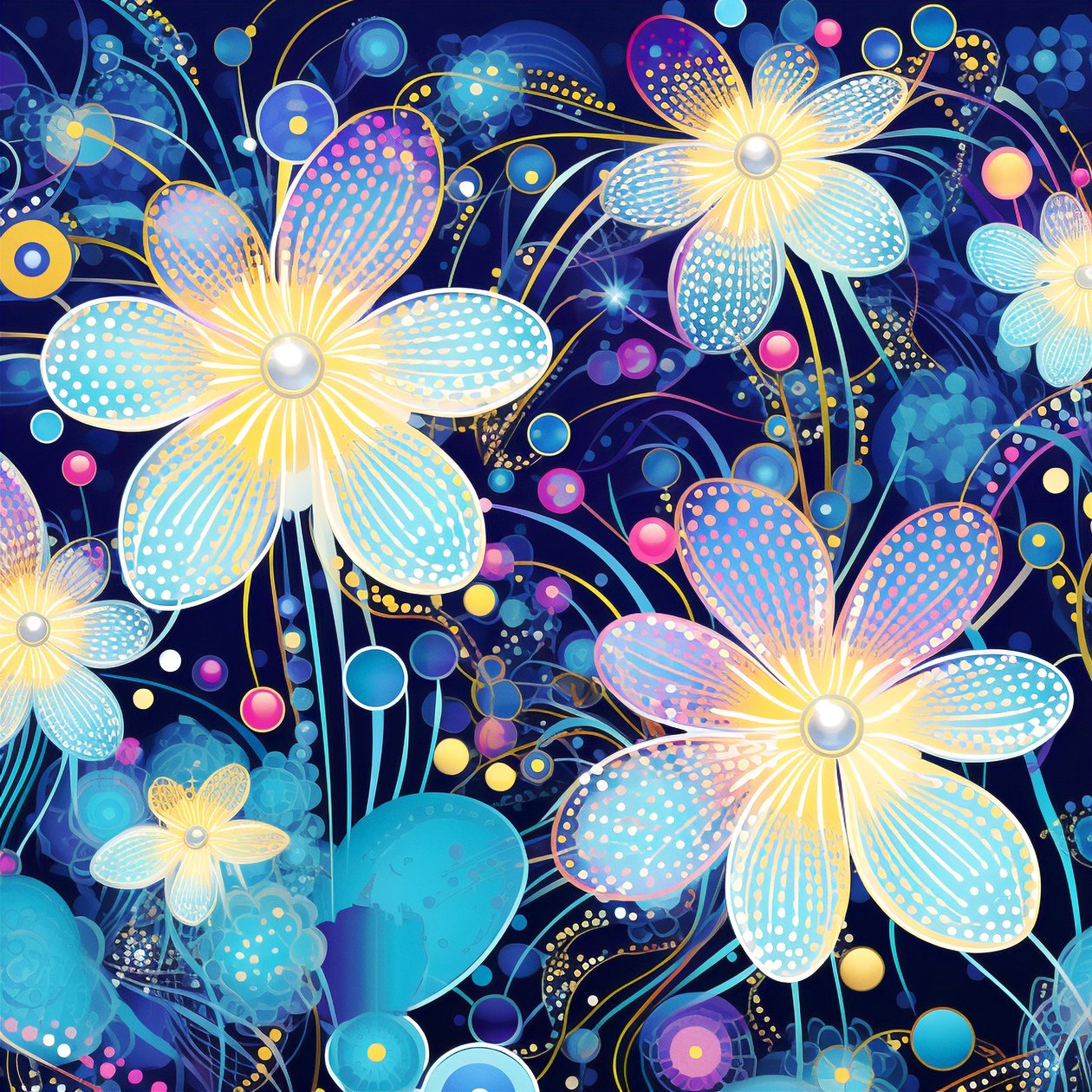 Padrão de motivos florais em azul, estilo yayoi kusama, impressões de belas artes online de F. Abderrahim