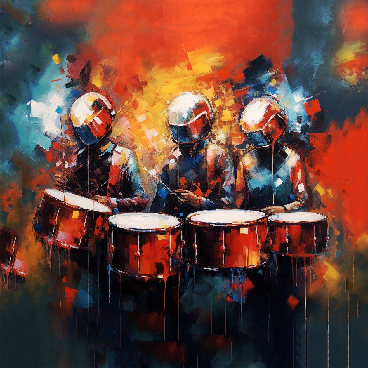 Grupo de músicos bateristas a tocar bateria, música rock, arte digital imprimível de F. Abderrahim