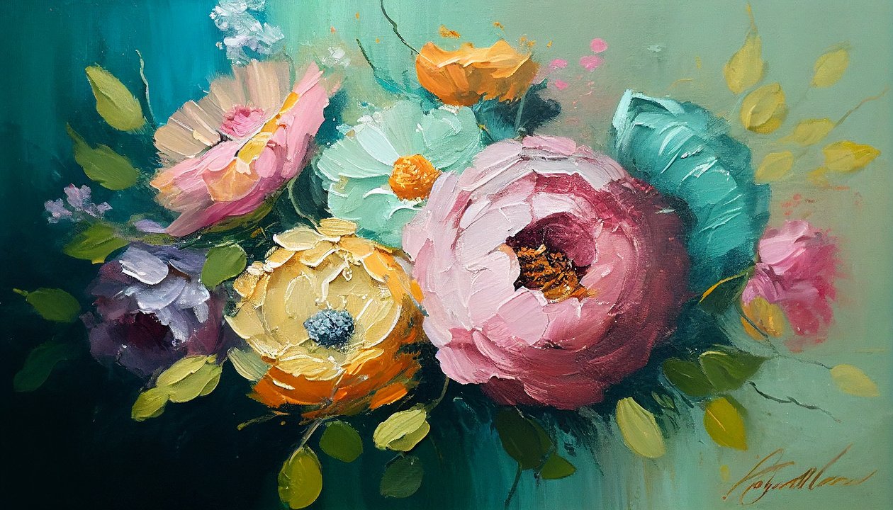 Pintura horizontal abstrata floral de natureza morta em tela de F. Abderrahim