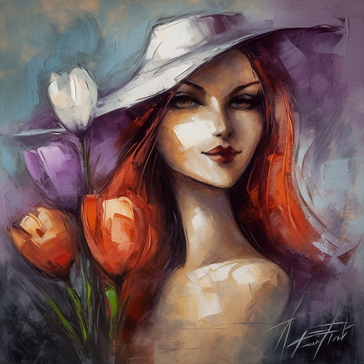 Retrato de rapariga impressionista e flores de açafrão, Pintura em tela acrílica floral de F. Abderrahim
