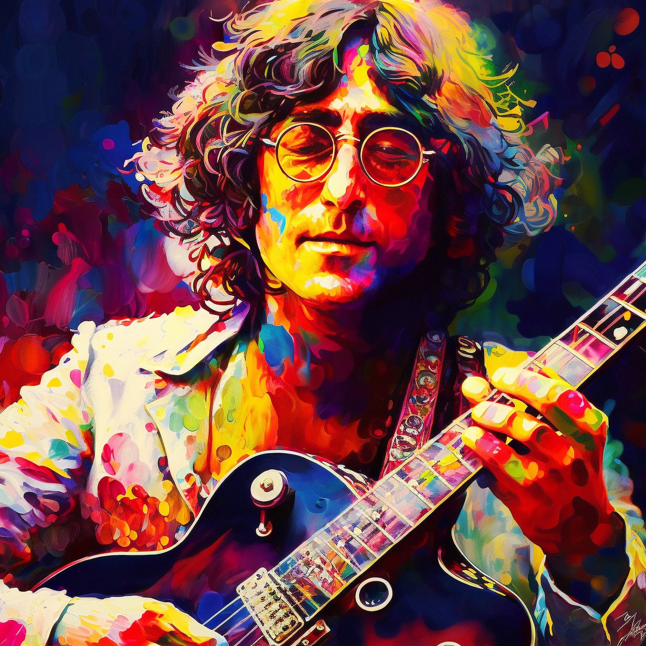 Retrato de John Lennon músico a tocar guitarra, impressões de arte de parede de música dos anos 70 de F. Abderrahim