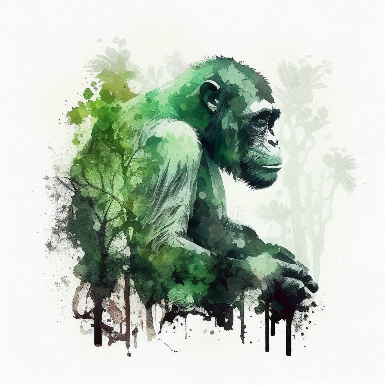 Macaco da selva, chimpanzé, pintura a aguarela de dupla exposição, impressões artísticas de F. Abderrahim