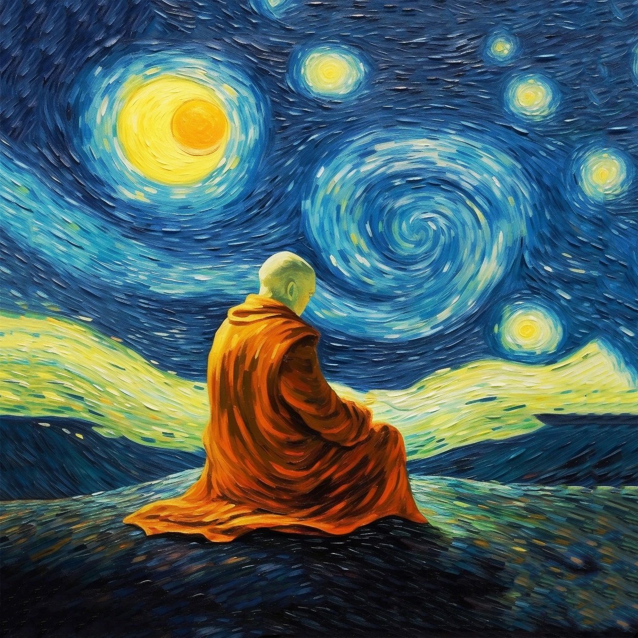 Homem em meditação, estilo de pinturas de Van Gogh, impressões de poses de ioga, impressões de arte mural de F. Abderrahim