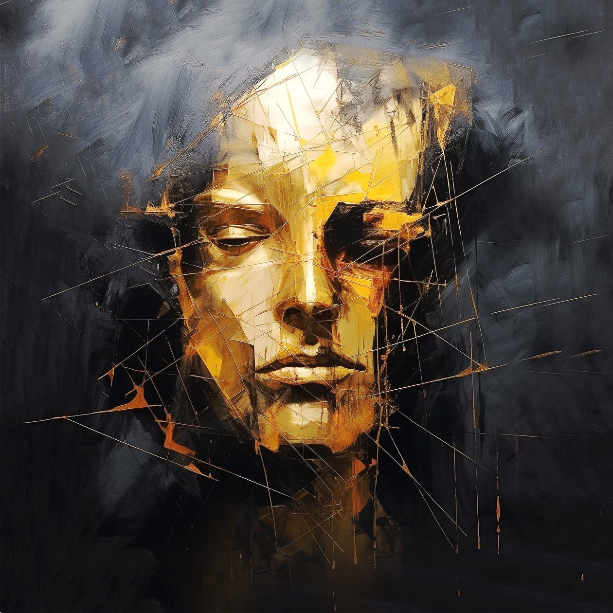 Retrato de rosto de homem numa pintura de fundo abstrato preto, impressões de belas artes online de F. Abderrahim