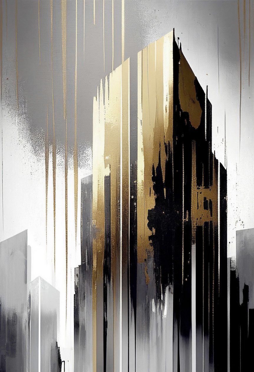 Edifício abstrato arquitetónico minimalista, pintura a cinzento e dourado impressão a pedido de F. Abderrahim