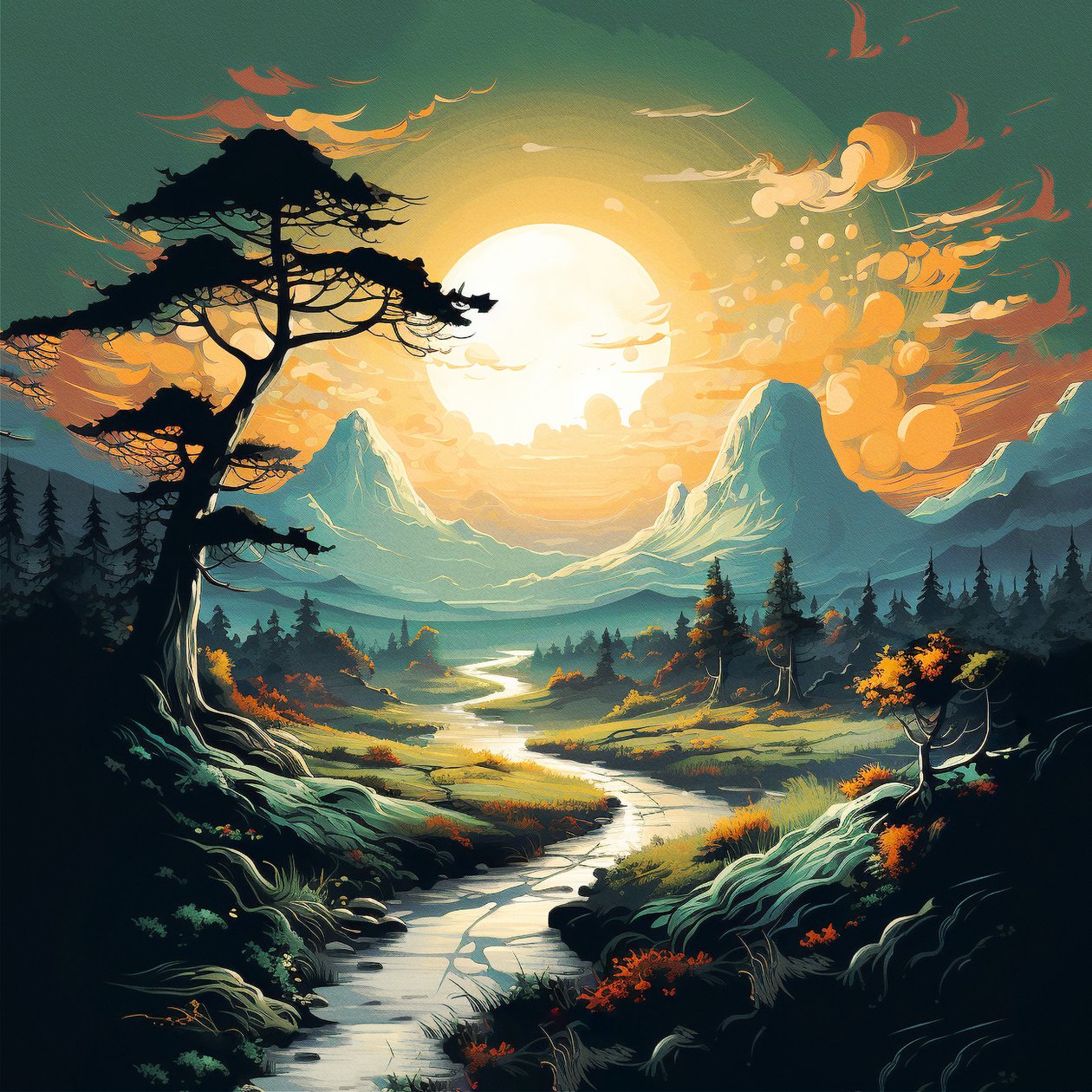 Paisagem de montanha e rio ao nascer do sol, telas e impressões de arte mural online de F. Abderrahim