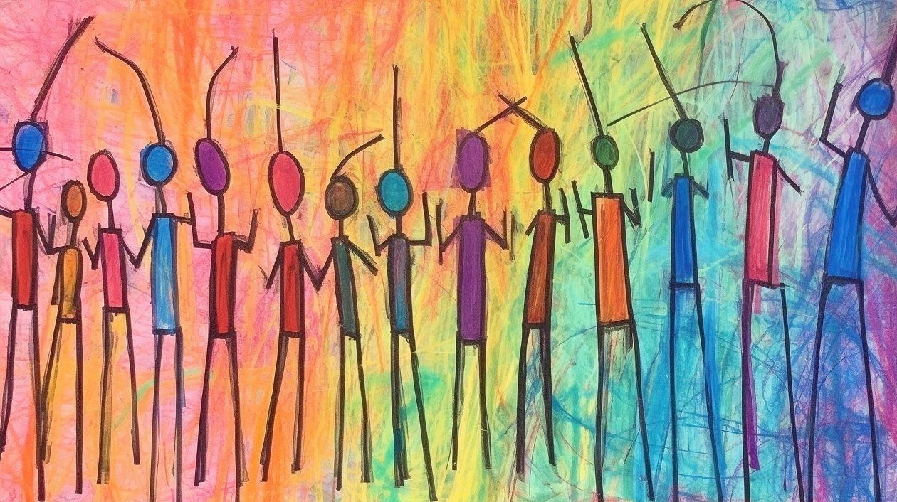 Pintura primitiva de uma multidão de pessoas, retrato minimalista, impressões de arte de F. Abderrahim