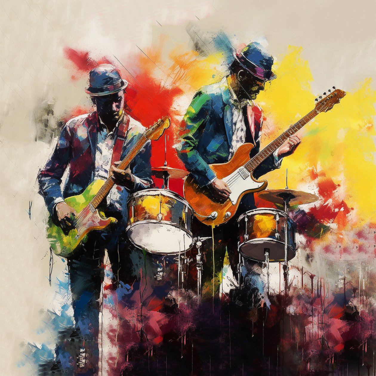 Banda de músicos de rock e jazz a tocar guitarra, pintura a pincel, impressões de arte mural de F. Abderrahim