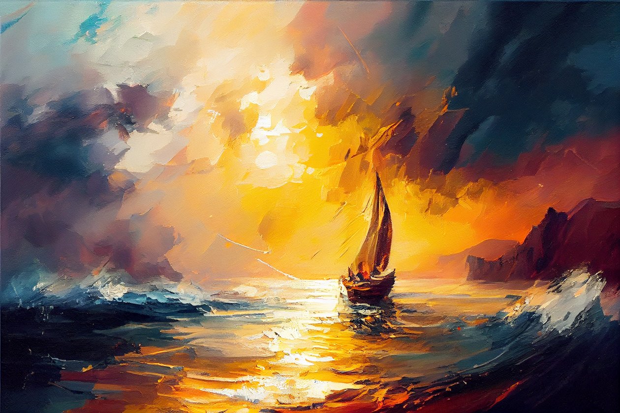 Barco à vela no mar, paisagem marítima do nascer do sol, pintura sobre tela, impressões de arte de parede de F. Abderrahim