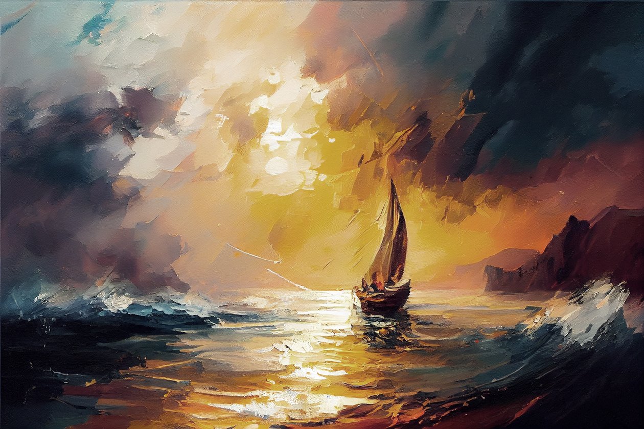 Barco à vela numa paisagem marítima ao pôr do sol vermelho sobre tela, impressão de arte mural a pedido de F. Abderrahim