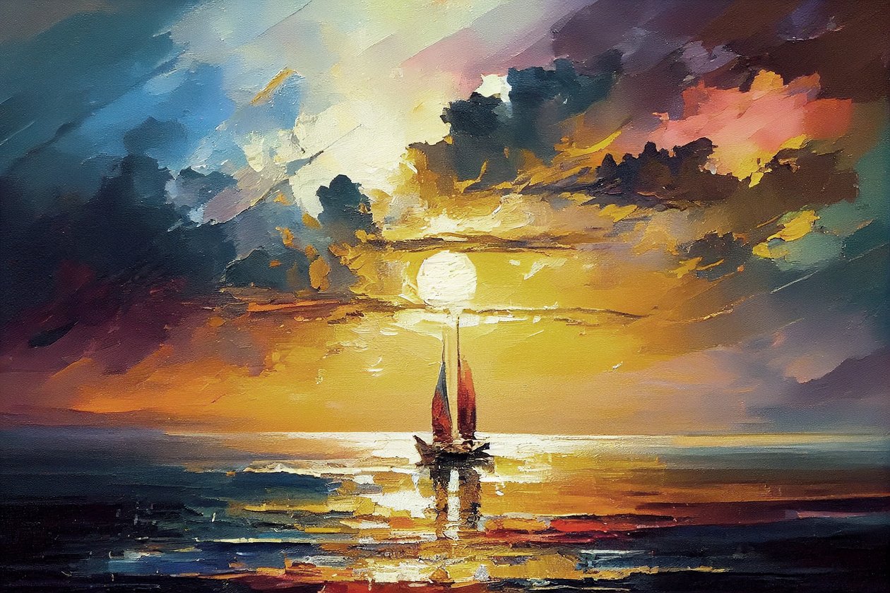 Paisagem marítima de barco à vela, pôr do sol laranja sobre tela, ideias para decoração de parede, impressões artísticas de F. Abderrahim