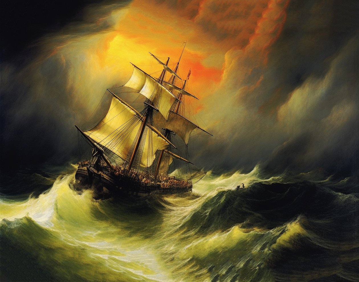 Navio numa tempestade no mar, estilo de pintura de William Turner, impressão a pedido de F. Abderrahim