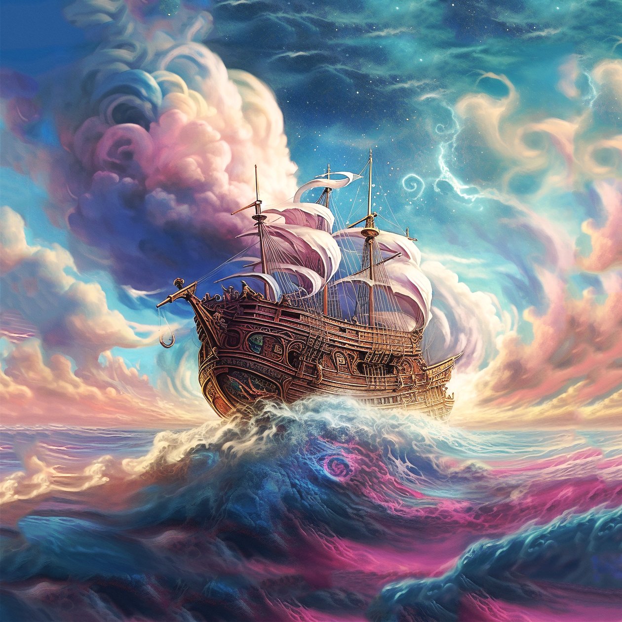 Navio a navegar nas nuvens abstractas, céu surrealista, Quadros de parede | Telas de F. Abderrahim