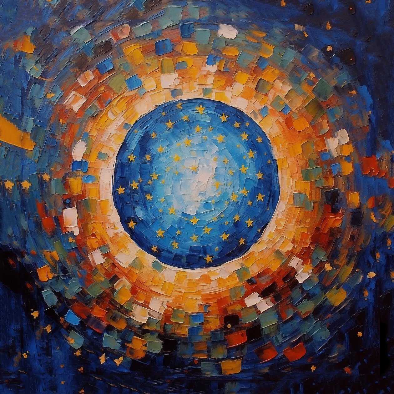 Pintura de arte em mosaico ao pôr do sol, azul e laranja, impressão em tela, decoração de parede de F. Abderrahim