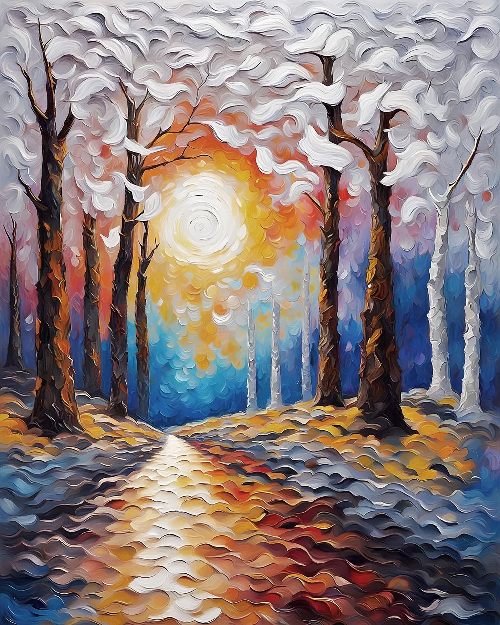 Pôr do sol numa floresta, impressões de tela de paisagem, pintura a cores vibrantes de F. Abderrahim