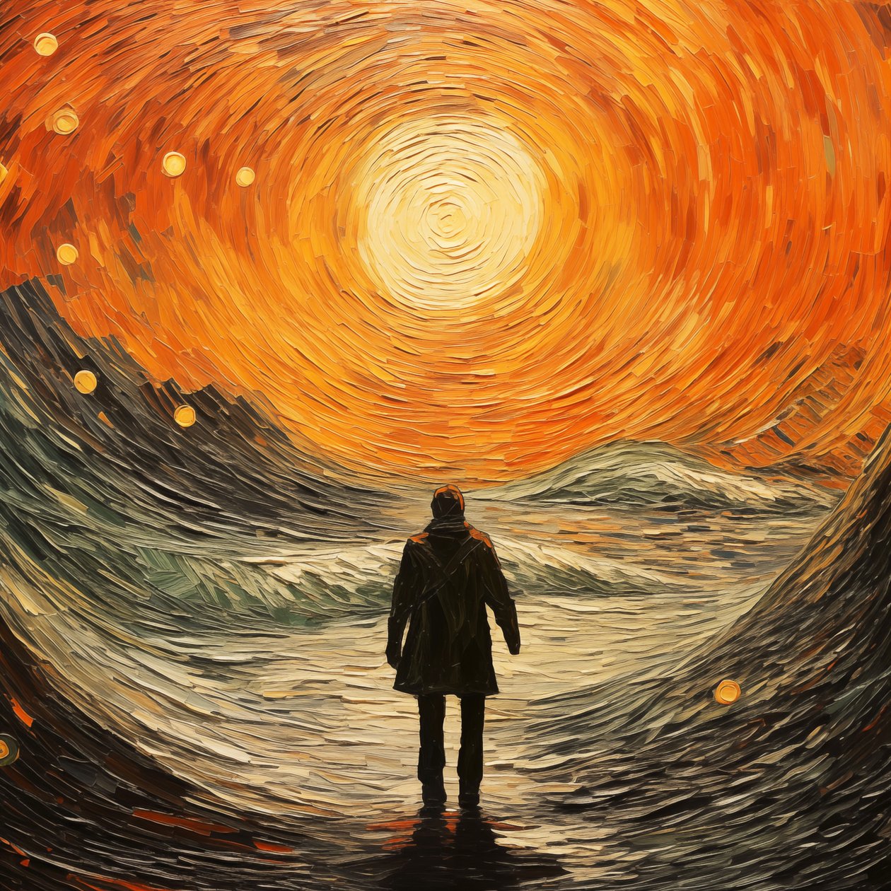 Cena surrealista, um homem nas ondas do mar, estilo impressionista de Vincent van Gogh de F. Abderrahim