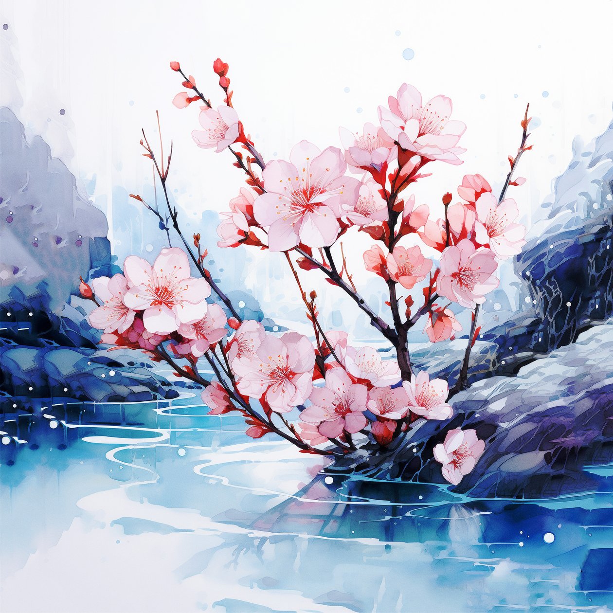Pintura surrealista em aguarela Flores de cerejeira japonesas, impressões murais de F. Abderrahim