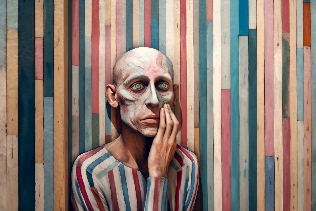 Pintura surrealista de um homem triste inspirada em Giorgio de Chirico, impressões digitais de F. Abderrahim