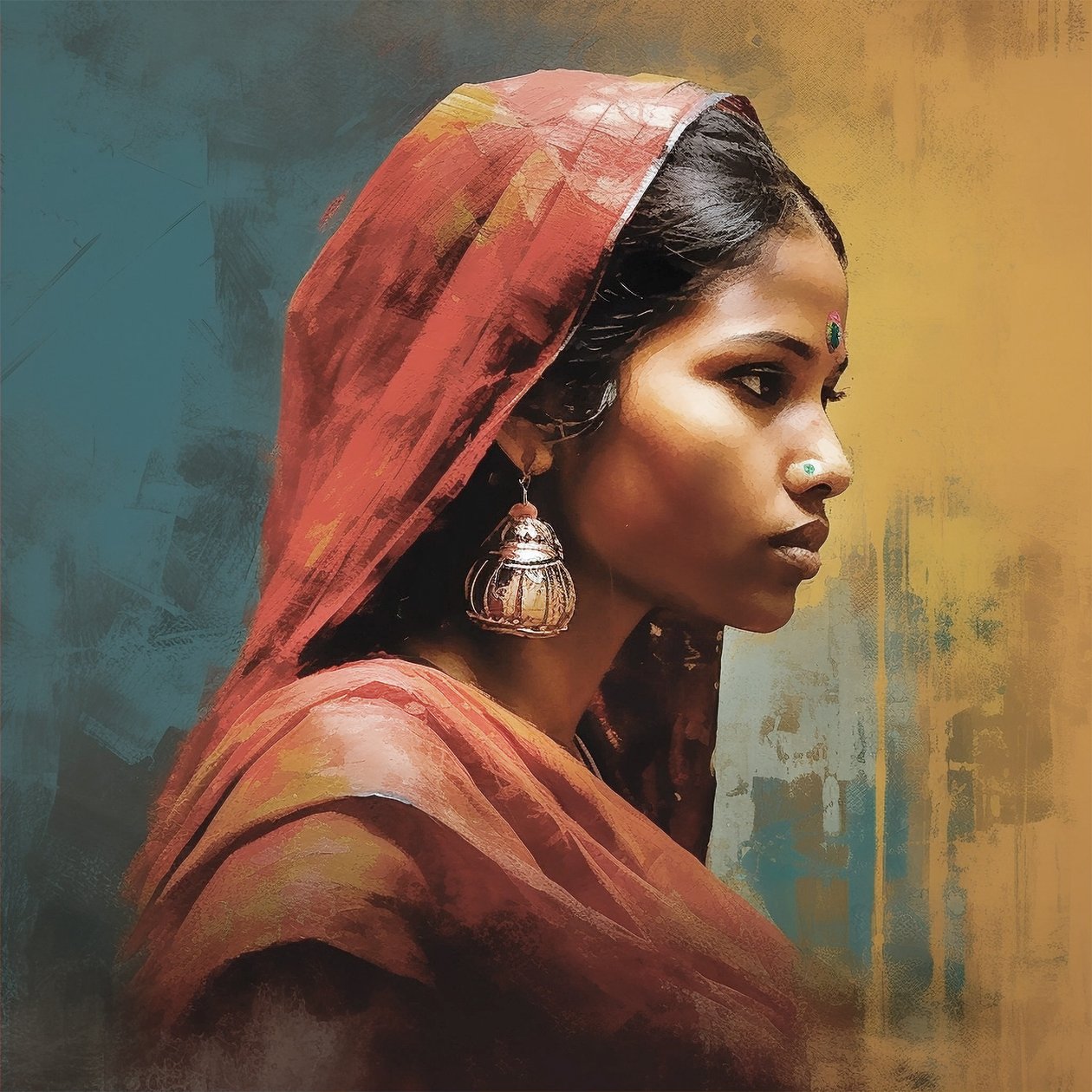 Mulher indiana tradicional com brincos de prata, Retrato, Impressão de parede de F. Abderrahim