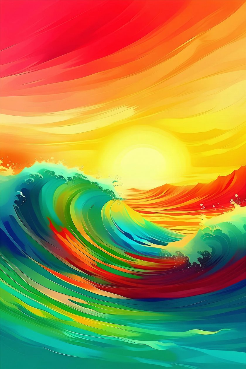 Ondas numa paisagem aquática de mar arco-íris em tela vertical, decoração de parede de estúdio para sala de estar de F. Abderrahim