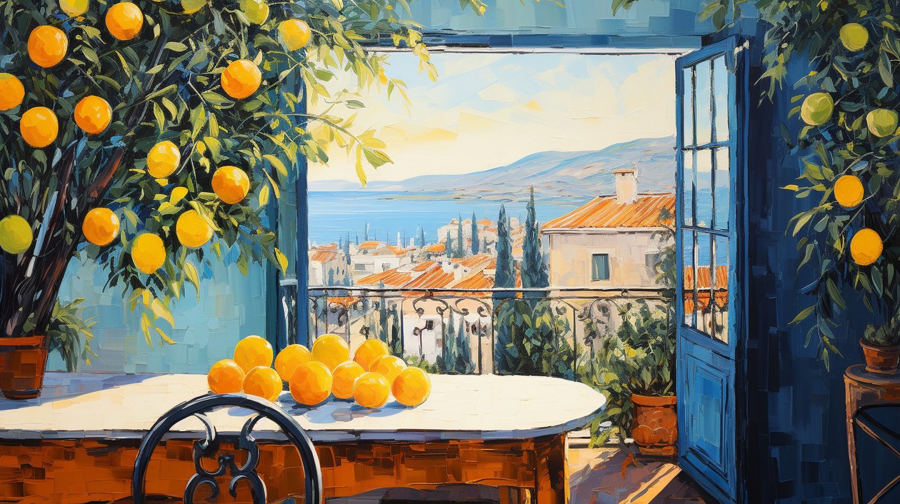 arte naïf abstrata impressionismo, janela sobre paisagem, decoração de parede para quarto de F. Abderrahim