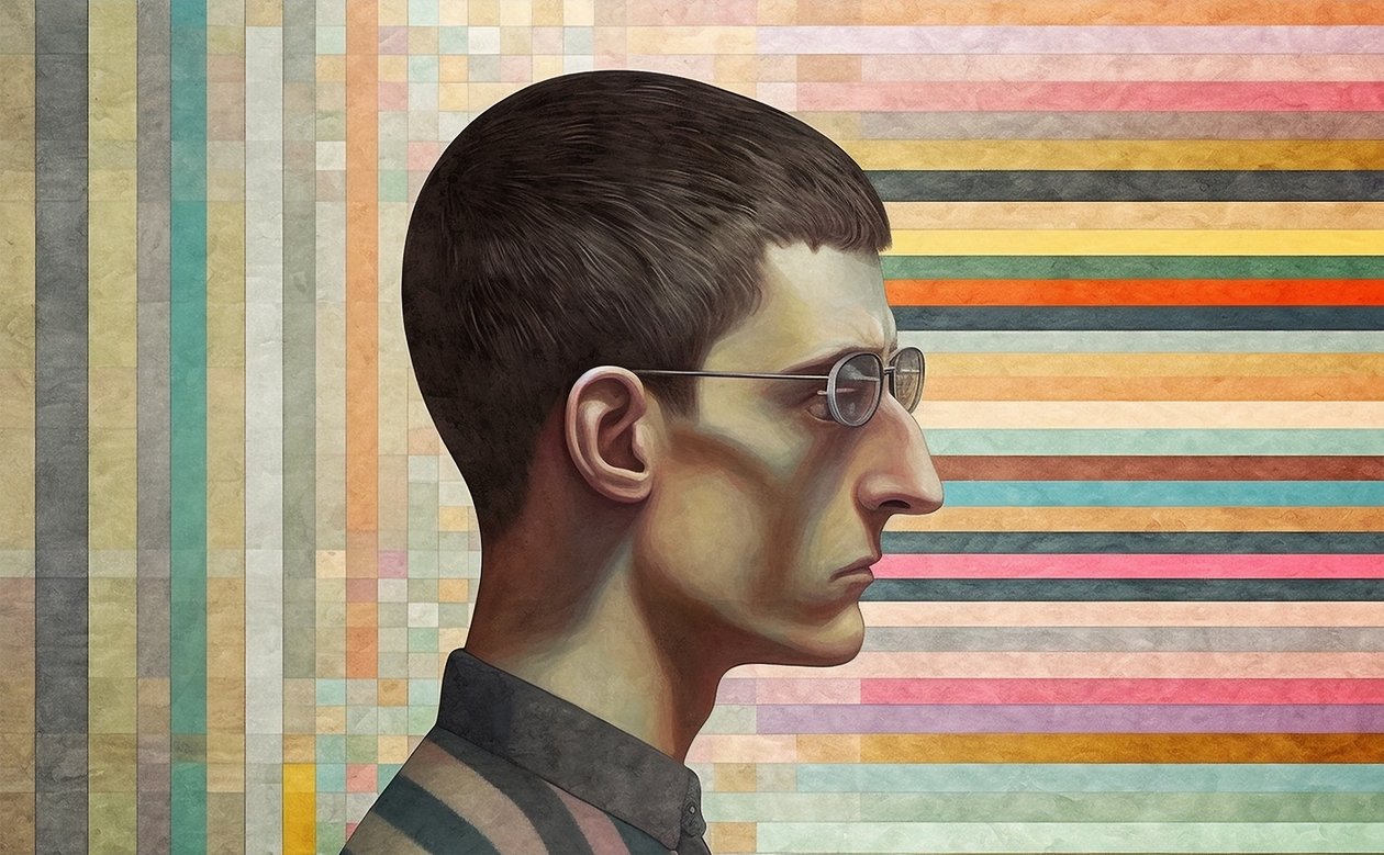 Homem intelectual inspirado em Giorgio de Chirico, pintura de retrato surrealista de F. Abderrahim