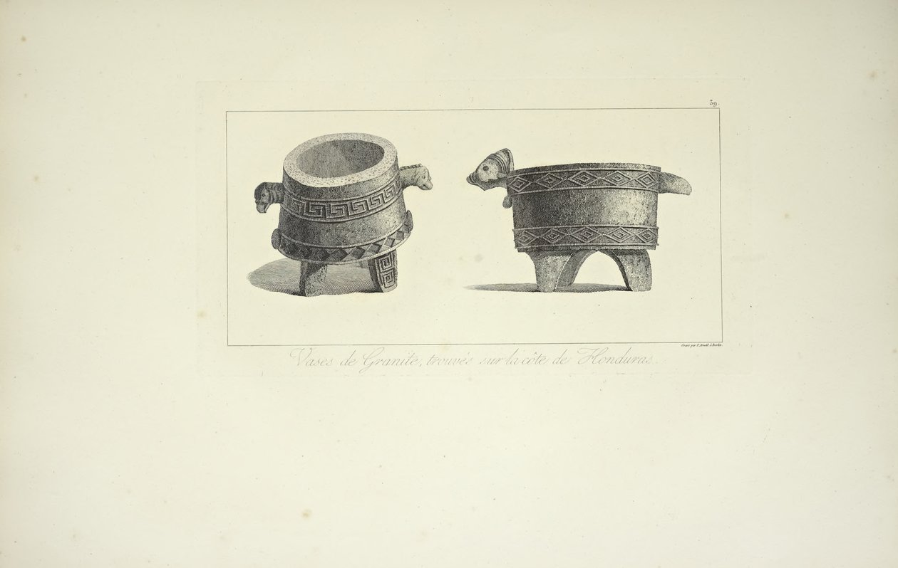 Vasos em granito, encontrados na costa de Honduras, ilustração de "Vistas da Cordilheira e Monumens dos Povos Indígenas da América" por Alexander von Humboldt e Aime Bonpland, 1813 de F. Arnold
