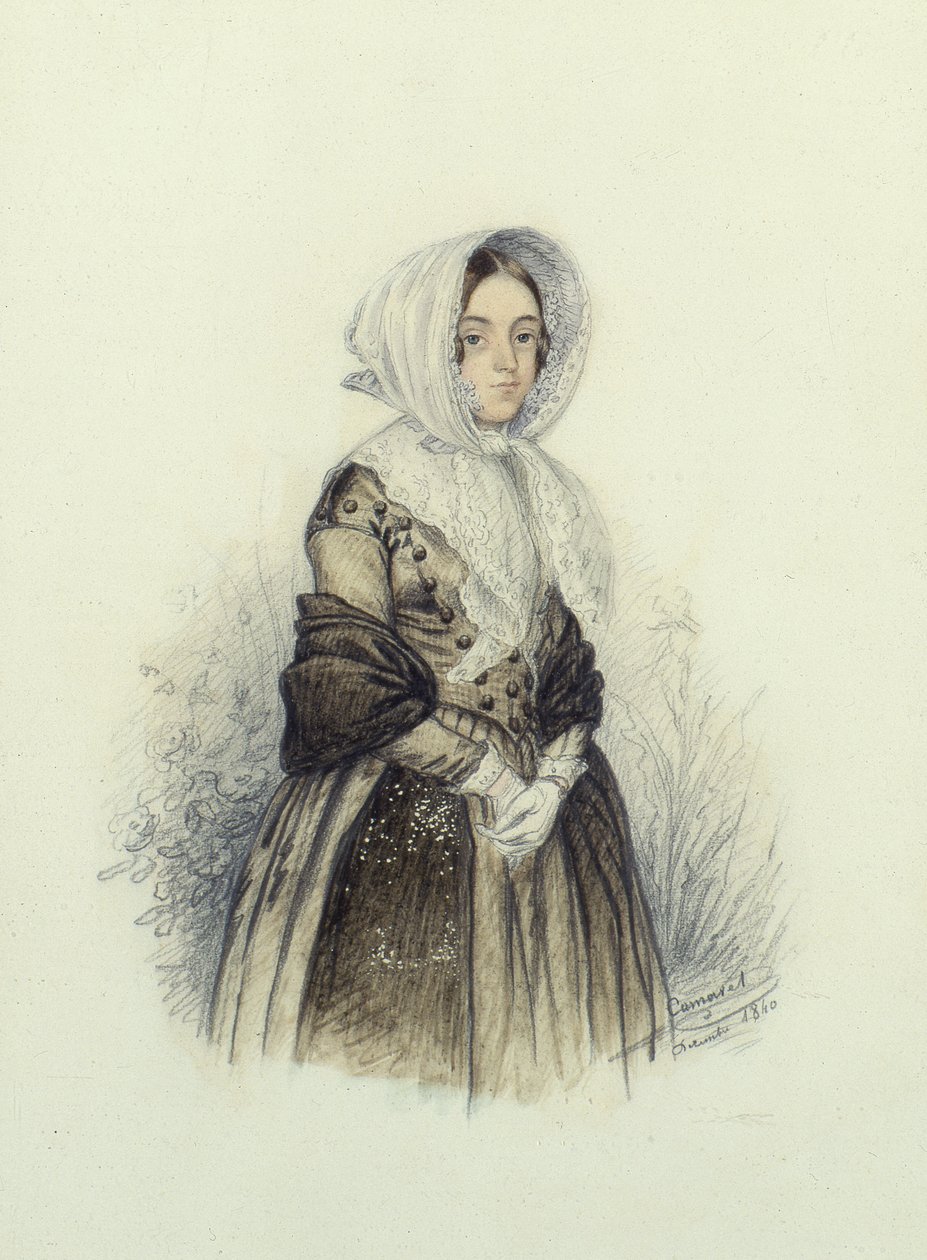 Retrato de uma jovem em um gorro com luvas brancas, 1840 (wc e lápis sobre papel) de F. Camaret