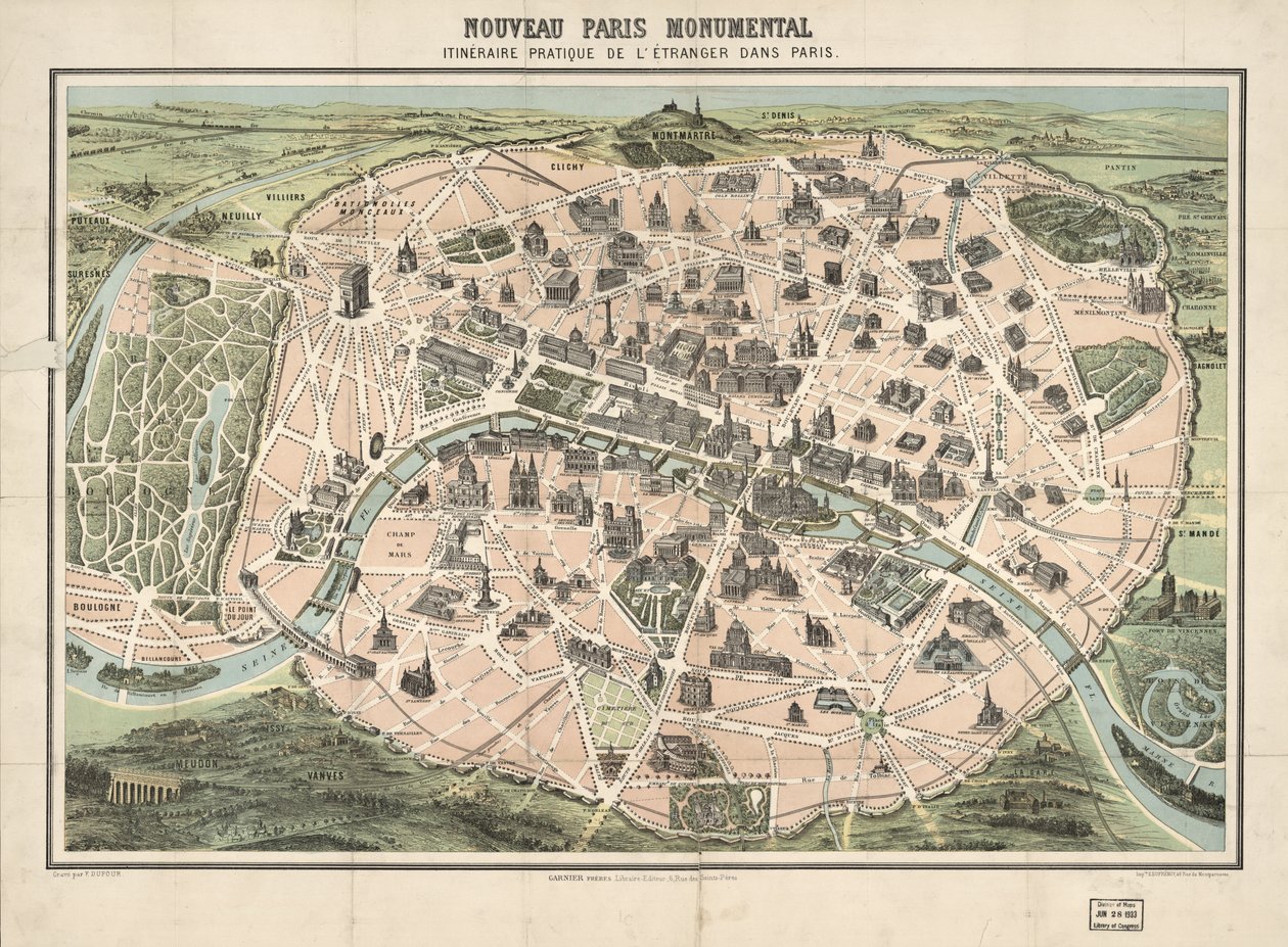 Edifícios seleccionados mostrados de forma pictórica. Vista de pássaros. Cópia LC montada sobre tecido. Disponível também através do sítio Web da Biblioteca do Congresso como imagem raster de F.; Garnier Frères; Dufrénoy Dufour