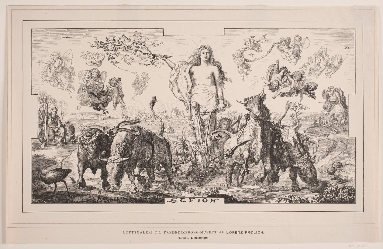 Gefion, pintura do teto para o Museu Frederiksborg por Lorenz Frølich de F. Hendriksen