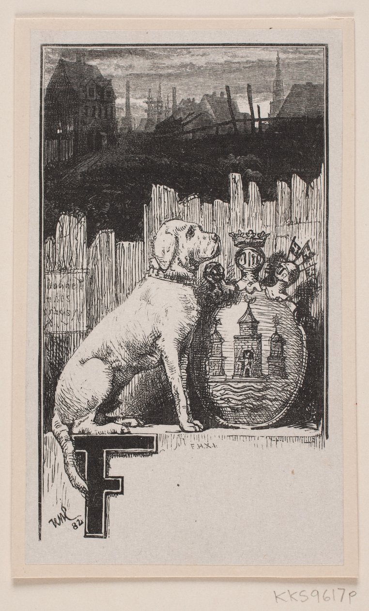 Vinheta inicial "F" com um cachorro e o brasão de armas de Copenhague de F. Hendriksen