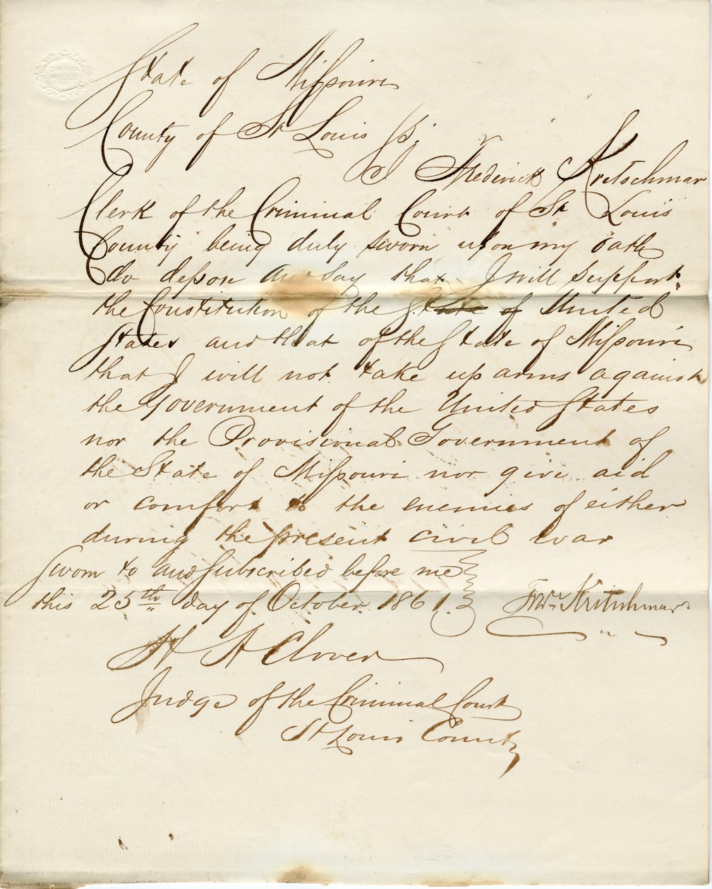 Juramento de lealdade de Frederick Kretschmar , Estado do Missouri, Condado de St Louis de F. Kretschmar