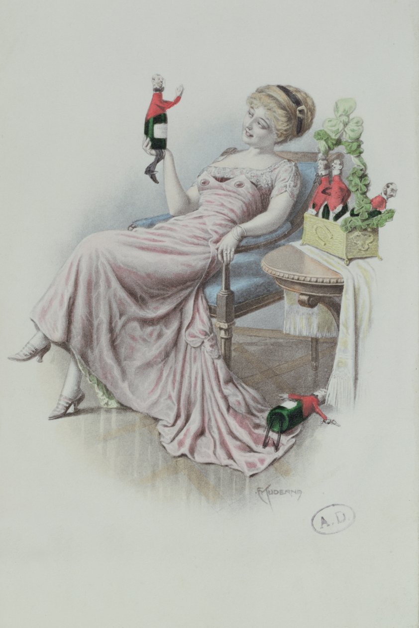 Cartão postal representando uma mulher com garrafas de champanhe com a forma de homem, c.1900 (cor litho) de F. Kuderna