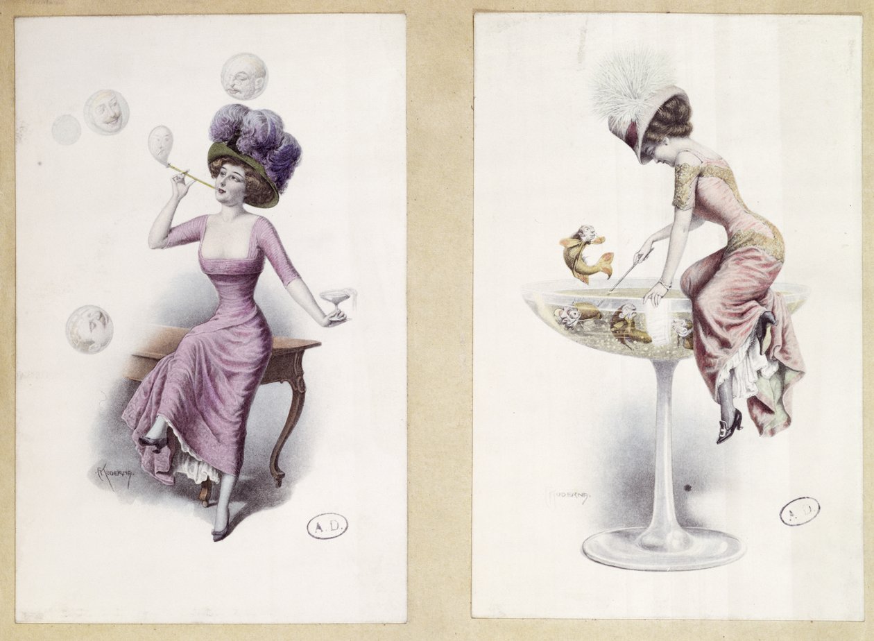Cartões postais representando uma mulher soprando bolhas e pescando em uma taça de champanhe, c.1900 (lito colorido) de F. Kuderna