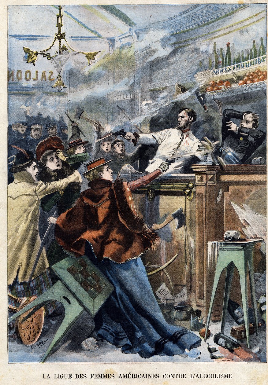 Liga Americana de Mulheres contra o Alcoolismo. Num saloon dos EUA, mulheres disparam com armas de fogo contra os empregados de bar de F. L & Carrey (fl.1900) Meaulle