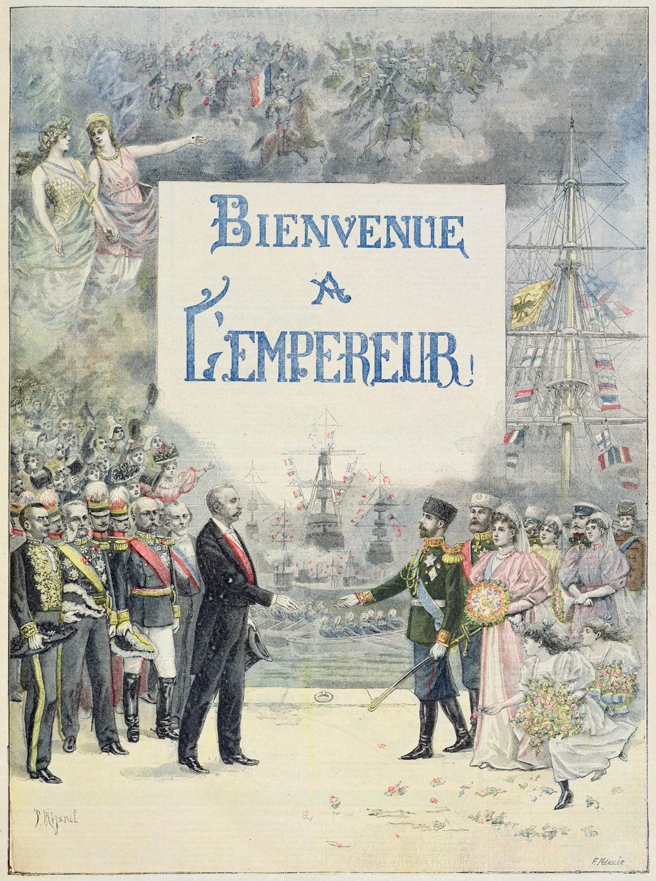 Bem-vindo ao Imperador e Imperatriz da Rússia, ilustração do suplemento ilustrado do Le Petit Journal, 4 de outubro de 1896 (cor lito) de F. L. and L. Royer Meaulle