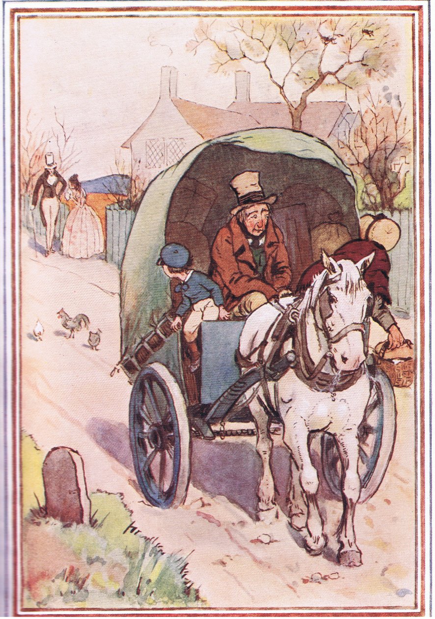 Enquanto se afastavam, a mãe dele correu para fora do portão, ilustração de David Copperfield, 1914 de F. M. B. Blaikie