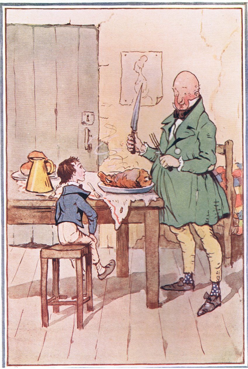 David jantou com McCawber na prisão, ilustração de David Copperfield, 1914 de F. M. B. Blaikie