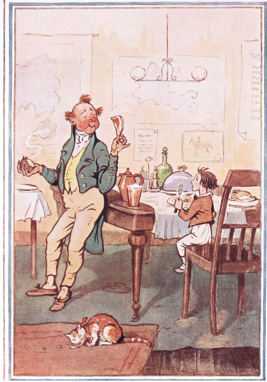 Ele pegou um pique pelo osso em uma mão e uma batata na outra, ilustração de David Copperfield, 1914 de F. M. B. Blaikie