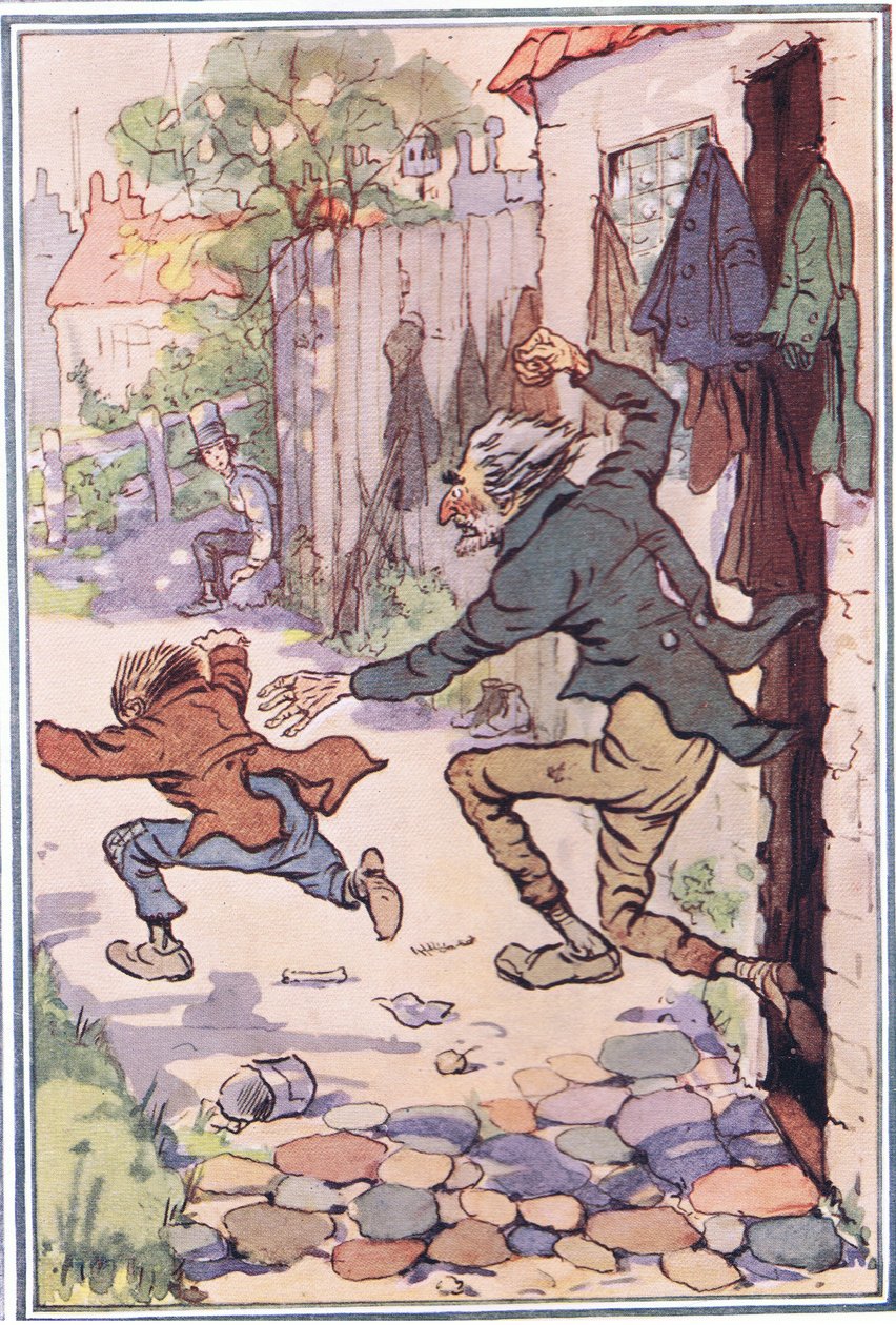 Ele saiu correndo da loja depois que os mandou voando, ilustração de David Copperfield, 1914 de F. M. B. Blaikie